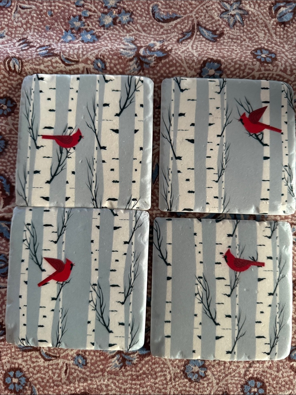 Set of 4 Coaster red cardinal bird Charley parker? Cork back 4”